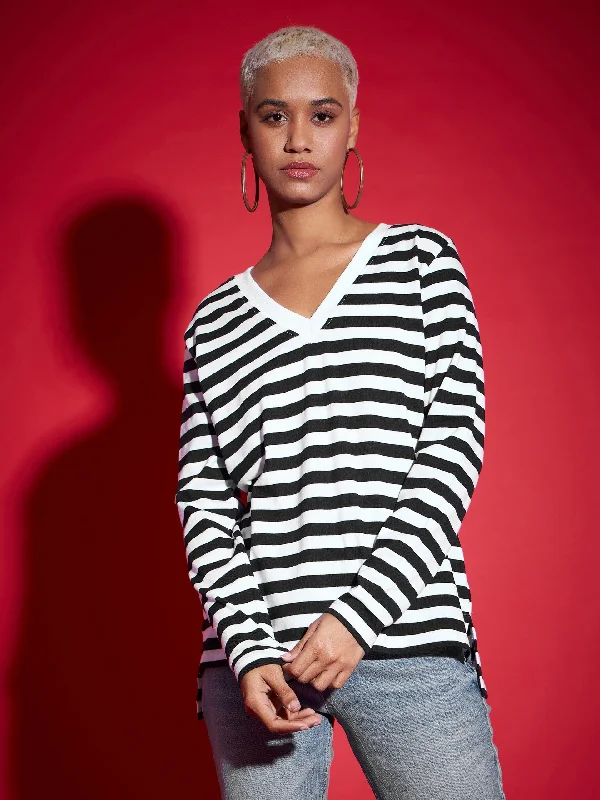 Women Black & White Striped Sweater Seamless Knitted Crochet