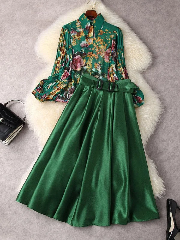 Floral Lantern Sleeve Chiffon Blouse - Plain Skirt Chic Ruffle Blouse