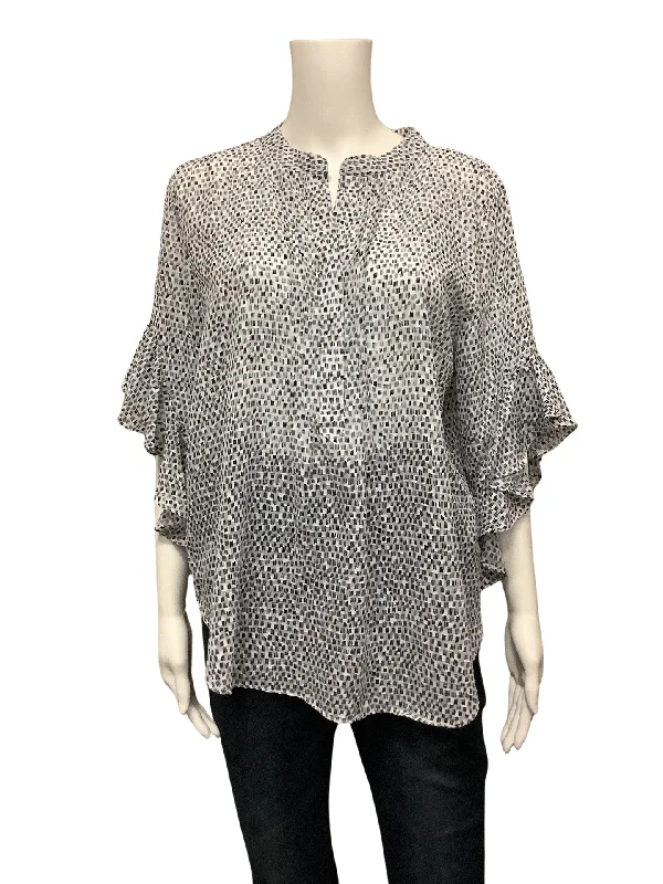 Vince Camuto Women's Blouse Black,White, & Grey Sheer Ruffled Sleeves Size: M Classic White Blouse