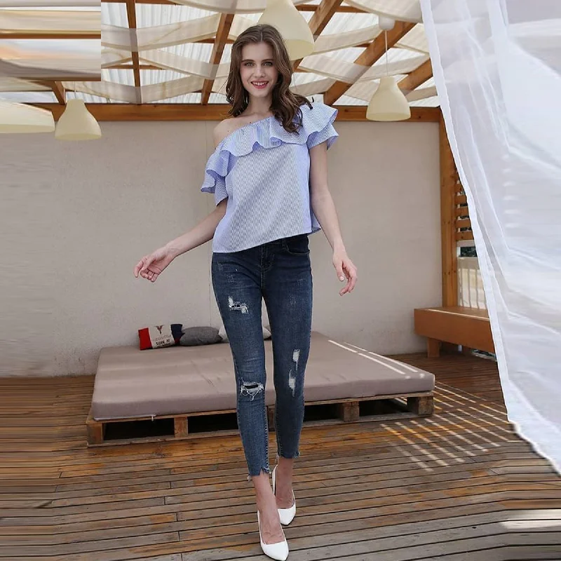 Z.E.E.B.R.A - Women 'Light Blue' OffShoulder Short Sleeves Top Blouse ZR1073 Elegant Semi-Sheer Blouse Z.E.E.B.R.A - Women 'Light Blue' OffShoulder Short Sleeves Top Blouse ZR1073 Elegant Semi-Sheer Blouse