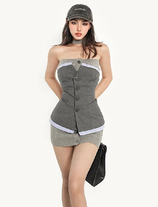 Tiara Solid Color Grey Gridle Knitted Mini Dress Elegant Velvet Mini Dress