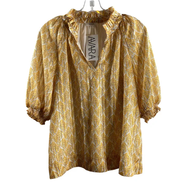 AVARA Size LARGE Yellow/White Print Short Sleeve NWT BLOUSE Boho Printed Blouse