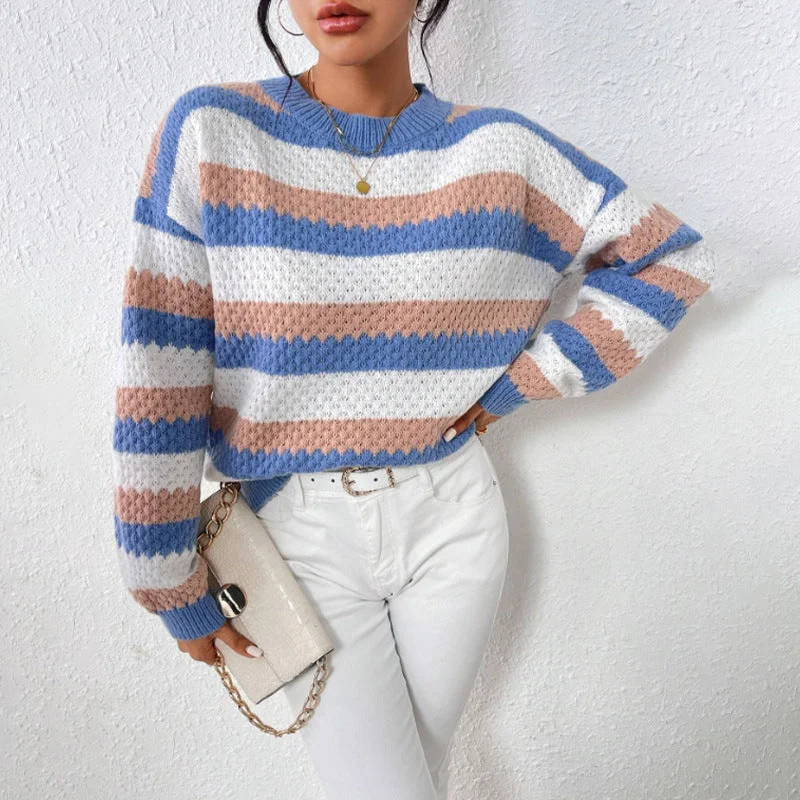 Wjczt sweater Autumn and Winter round Neck Long Sleeve Knitted Top Women's Sweater Classic Contrast Color Striped Loose Casual Sweater Modern Contemporary Chic