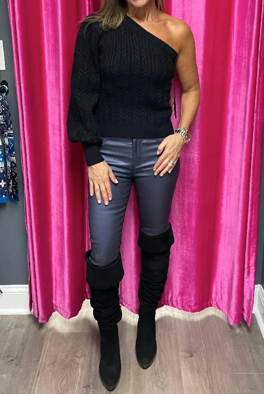 Cheri Coated Skinny Jeans In Metallic Blue Comfortable Low-Rise Jeans