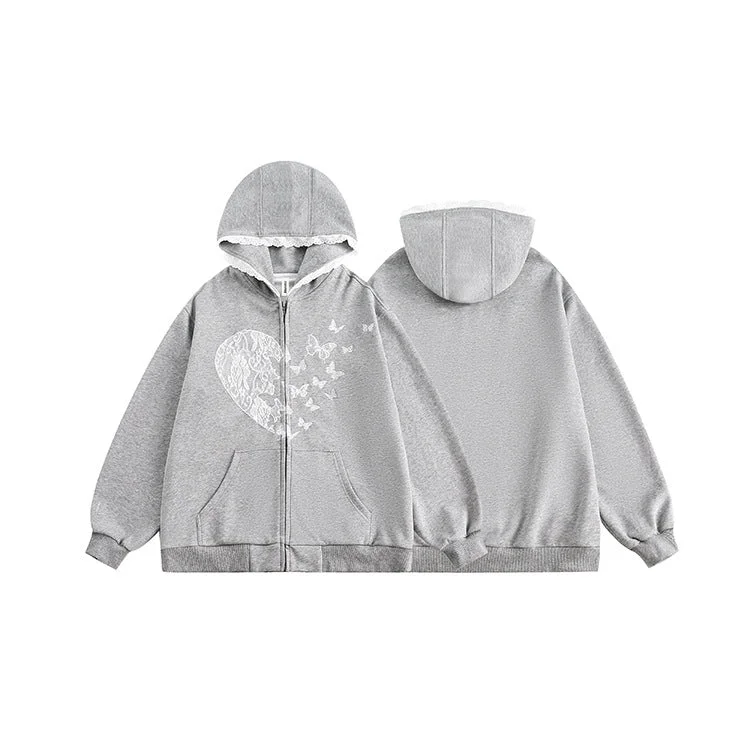 Wjczt grunge dti American Retro Bow Lace Stitching Gray Casual Hooded Sweater Men's and Women's Loose Zipper Cardigan Jacket Graphic Sweater Embroidered Appliqued