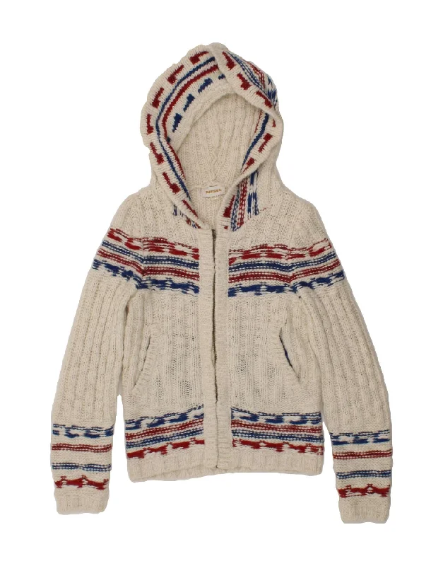 DIESEL Girls Hooded Cardigan Sweater 14-15 Years Large White Striped Fleece Fabric Down Fabric Feather Fabric