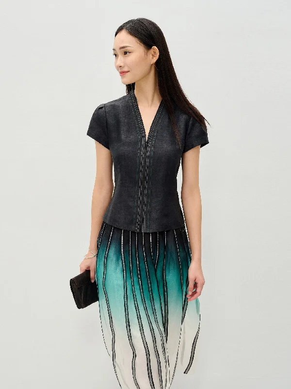 Gambiered Silk Zip Fitted Front Opening Short Sleeve Blouse Gathered Detail Blouse