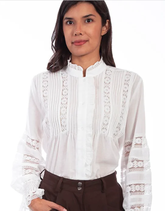 Women's White Cotton Poet Long Sleeve Lace Blouse Office Formal Blouse