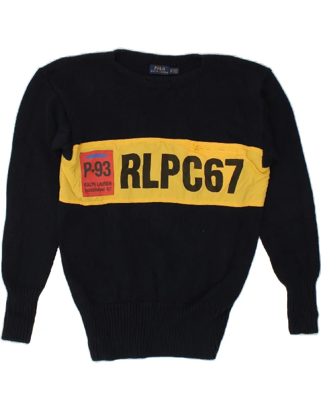 POLO RALPH LAUREN Mens Graphic Crew Neck Jumper Sweater XS Navy Blue Polka Dot Checkered Tartan