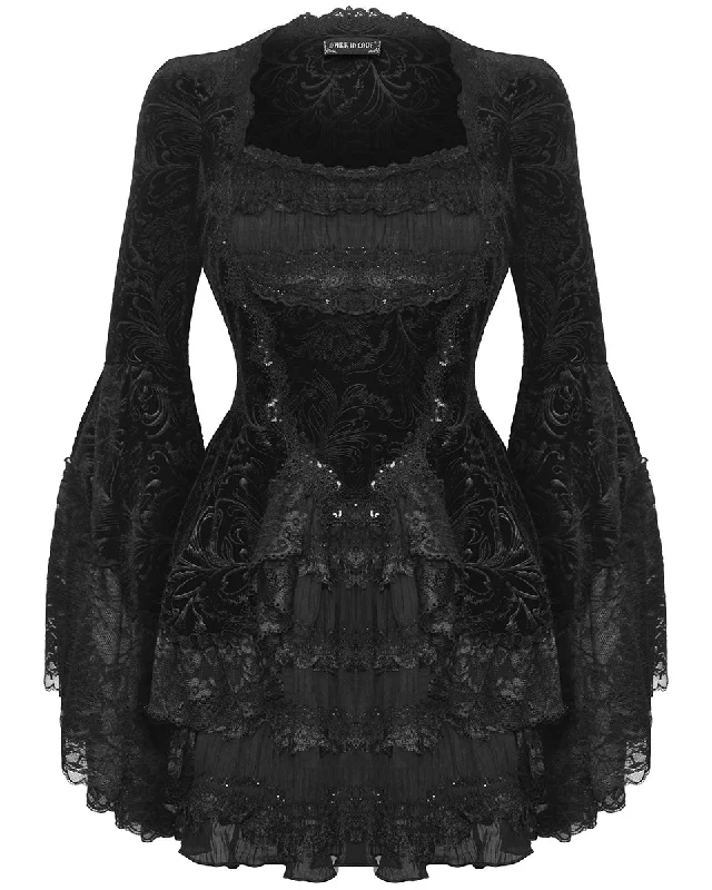 Dark In Love Dark Bohemian Gothic Ivy Velvet Flare-Sleeve Mini Dress Trendy Lace Mini Dress