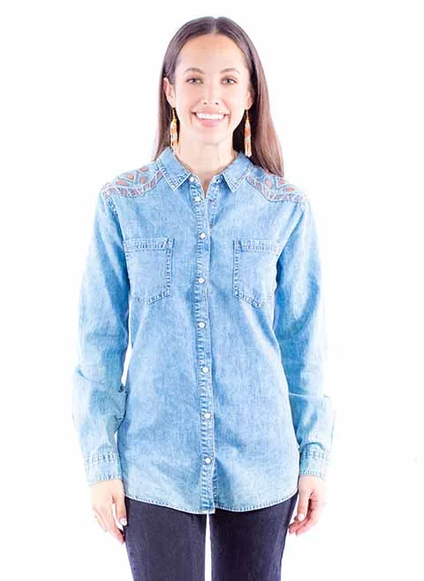 Women's Honey Creek Collection Blouse: Embroidered Denim Casual Relaxed Fit Blouse