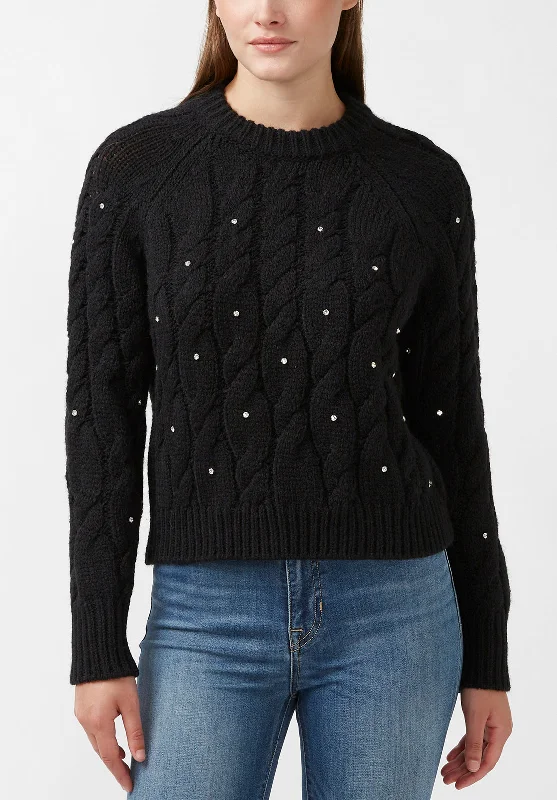 Magari Women's Long Sleeve Crewneck Cable Sweater in Black - SW0030H Velvet Chenille Corduroy