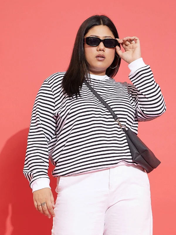 Women Black & White Striped Full Sleeves Sweater Real Fur Shearling Chenille