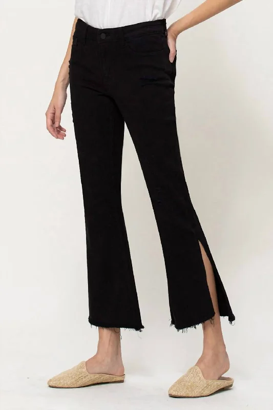 Mid Rise Crop Flare Jean With Side Slit In Black Cozy Wide-Legged Jeans