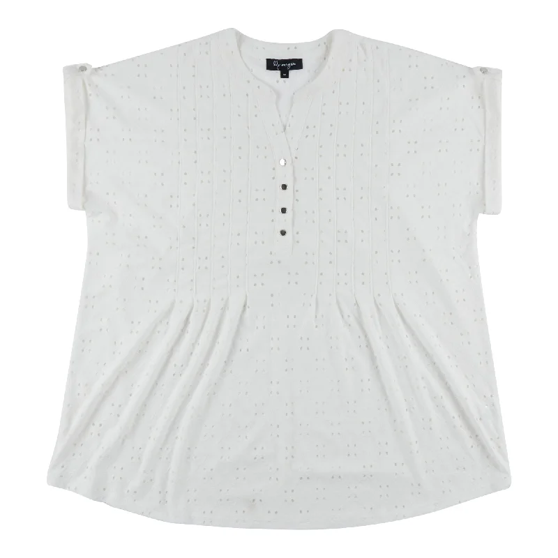 lily morgan Women's Plus V-Neck Pintuck Eyelet Blouse Double-Layered Blouse