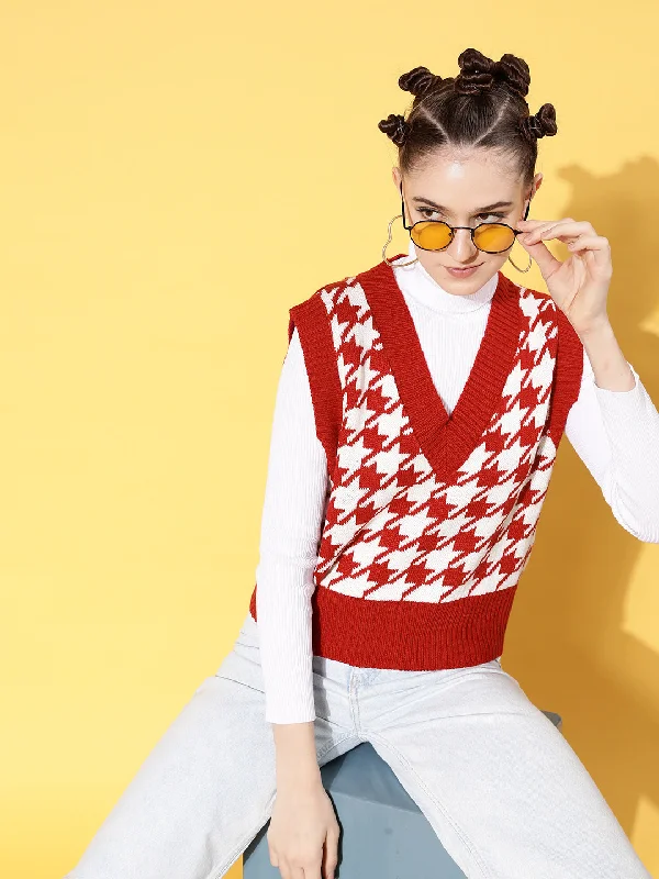 Women Red Houndstooth V-Neck Sleeveless Sweater Transparent Opaque Sheer