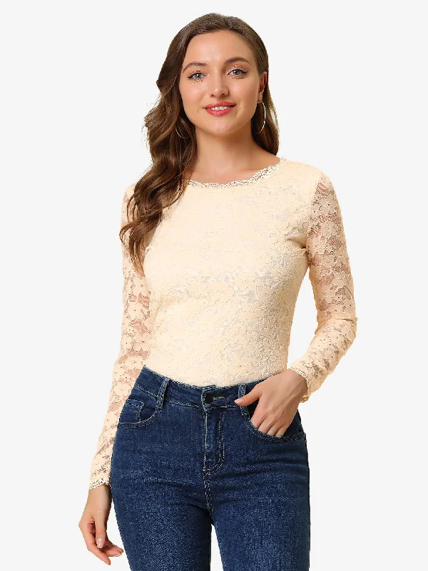 Crew Neck Sheer Long Sleeve Flower Embroidery Lace Blouse Oversized Silk Blouse