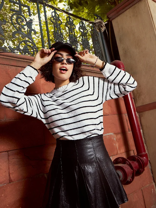 Women Black & White Striped Full Sleeves Sweater Terry Blend Velvet Blend Canvas Blend Women Black & White Striped Full Sleeves Sweater Terry Blend Velvet Blend Canvas Blend
