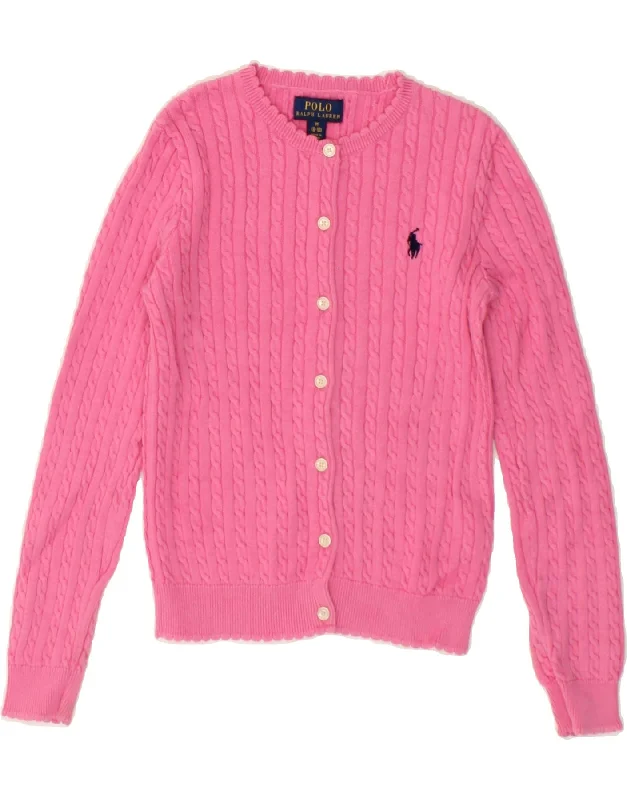 POLO RALPH LAUREN Girls Cardigan Sweater 8-9 Years Medium Pink Cotton Welt Pockets Slit Pockets Flap Pockets