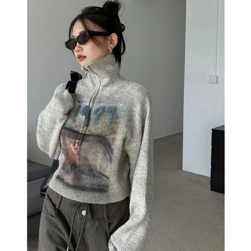 Wjczt Autumn Women Knitted Sweater American Retro Print Sexy Cropped Jumper Casual Streetwear Female Zipper Loose Pullover Tops Long Sweater Short Sweater Cropped Sweater