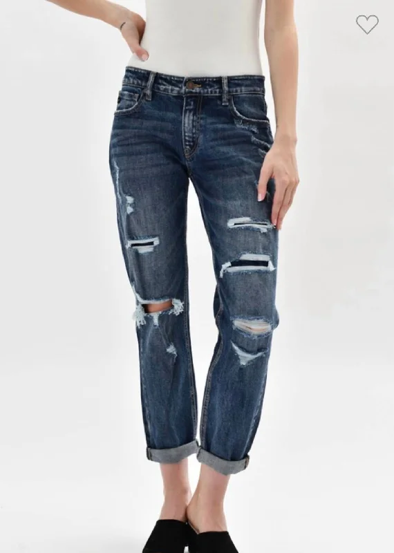 Polly Mid Rise Boyfriend Jeans In Dark Wash Trendy Cut-Off Denim Shorts