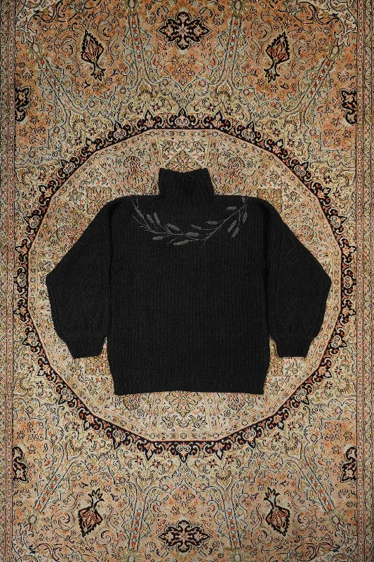 Fujimoto High Neck Sweater with Rye (Black) Handmade Hand-knitted Hand-woven