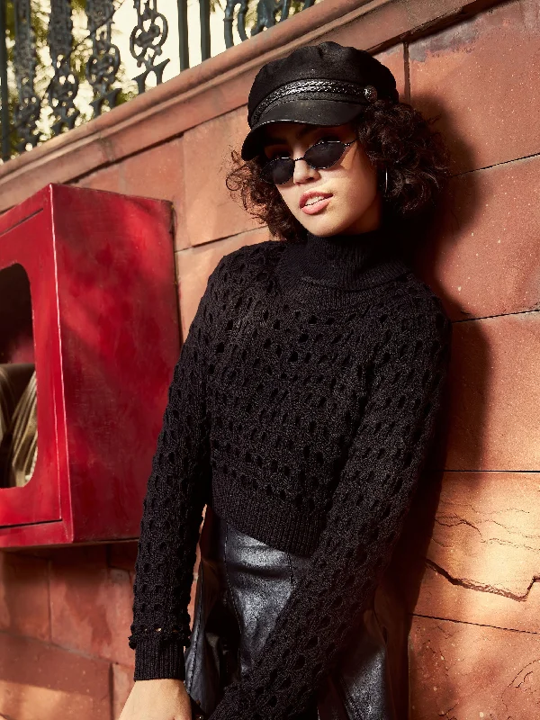 Women Black Crochet Crop Sweater Top Velvet Chenille Corduroy