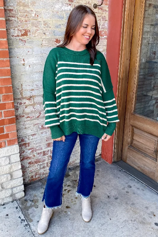 Oversized Hunter Green Striped Sweater Satin Blend Silk Blend Wool Blend