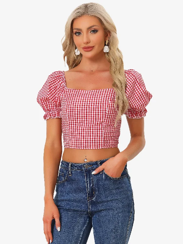 Gingham Bubble Sleeve Smocked Cropped Casual Blouse Versatile Layering Blouse