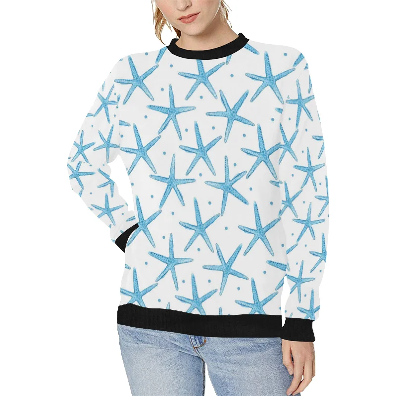 Watercolor starfish pattern Women's Crew Neck Sweatshirt Hoodie with Hem Raw Edge Edgy Unfinished