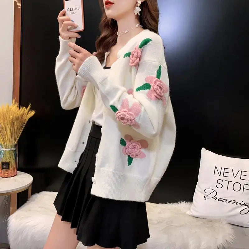 Wjczt Sweater Female Spring and Autumn Knitwear Women Heavy Industry Rose Blossom Embroidery Contrast Sweater Coat Cardigan Houndstooth Herringbone Solid