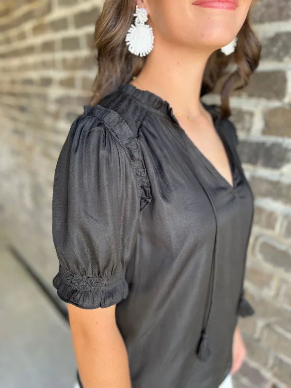 deep V neck tie short sleeve blouse Airy Cotton Blouse