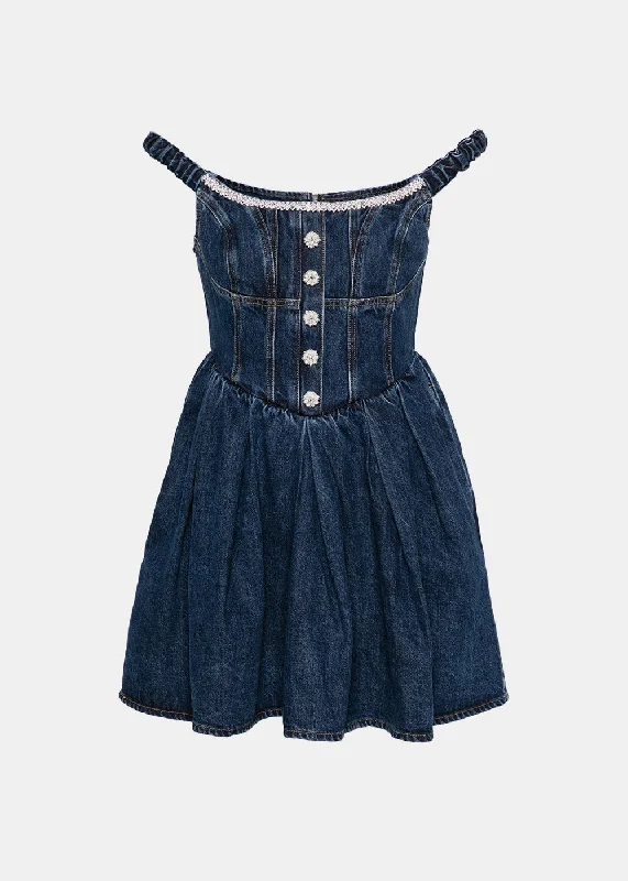 Blue Denim Off Shoulder Mini Dress Chic Halter Mini Dress