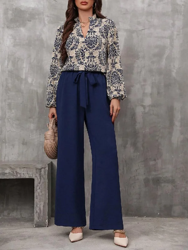 Lune Women's Print All Over Lantern Sleeve Blouse & Belt Wide Leg Pants Sets Smart Business Blouse Lune Women's Print All Over Lantern Sleeve Blouse & Belt Wide Leg Pants Sets Smart Business Blouse