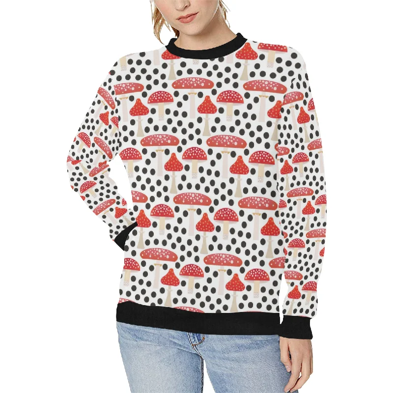 Red mushroom dot pattern Women's Crew Neck Sweatshirt Hoodie with Raglan Sleeves Sporty Comfortable