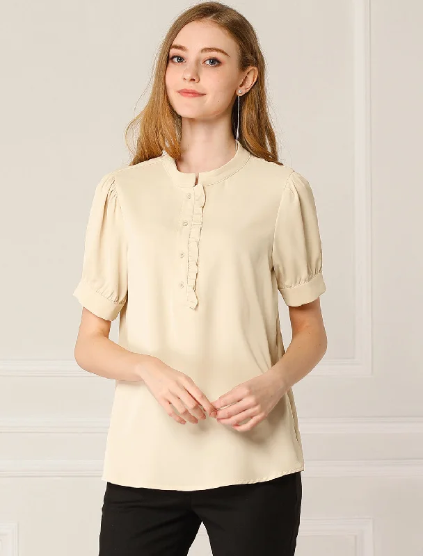 Work Office Top Puff Sleeve Half Placket Ruffled Shirt Blouse Drape Neck Blouse