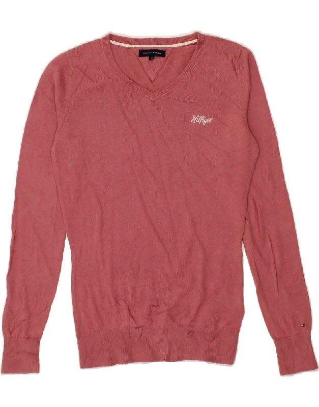 TOMMY HILFIGER Girls V-Neck Jumper Sweater 13-14 Years Pink Cotton Mesh Blend Leather Blend Suede Blend