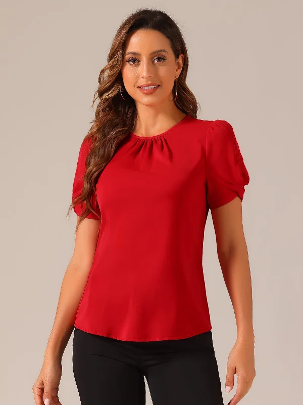 Ruched Sleeve Pleated Front Round Neck Blouse Semi-Sheer Blouse