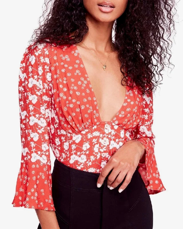 Free People - Lady Bohemian Button Front Floral Printed Blouse - Red Sheer Sleeve Blouse Free People - Lady Bohemian Button Front Floral Printed Blouse - Red Sheer Sleeve Blouse