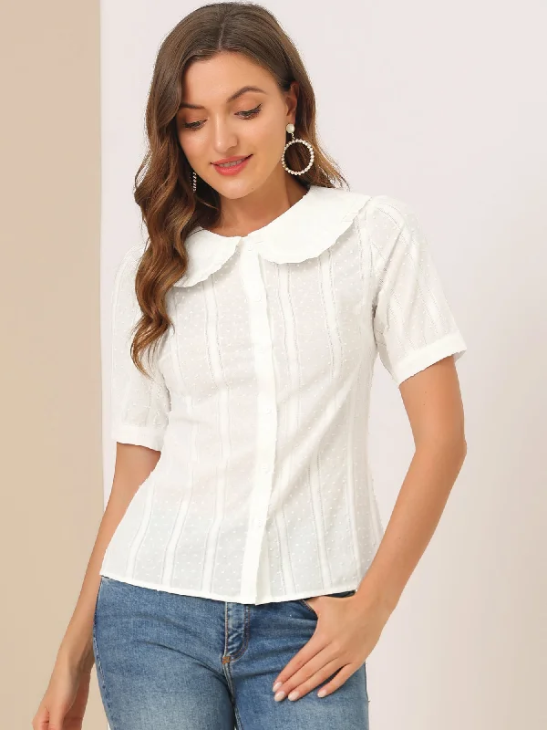 Peter Pan Collar Swiss Dots Short Sleeve Button Front Shirt Blouse Polished Work Blouse Peter Pan Collar Swiss Dots Short Sleeve Button Front Shirt Blouse Polished Work Blouse