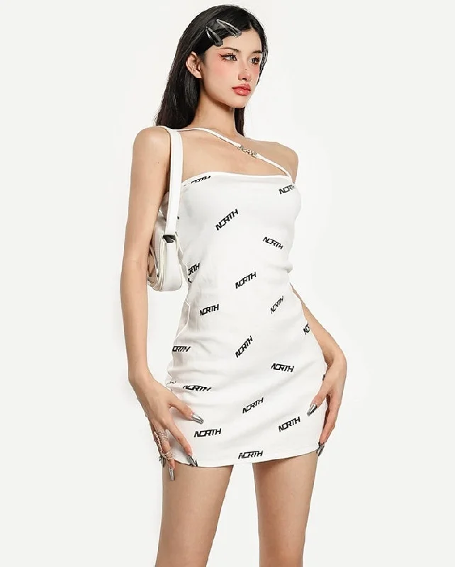 North Letter Print White Mini Dress Cozy Long Sleeve Mini Dress