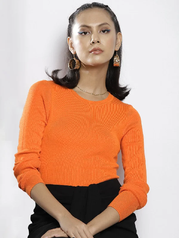 Women Orange Rib Round Neck Full Sleeves Crop Sweater Toggled Drawstring Belted