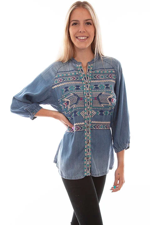 Women's Honey Creek Collection Blouse: Aztec Embroidered Denim Asymmetric Hem Blouse Women's Honey Creek Collection Blouse: Aztec Embroidered Denim Asymmetric Hem Blouse