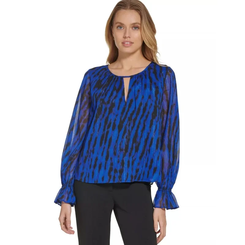 DKNY Womens Metallic Ruffle Blouse XS Deep Cobalt Blue Print Split Neck NWT Sheer Sleeve Blouse DKNY Womens Metallic Ruffle Blouse XS Deep Cobalt Blue Print Split Neck NWT Sheer Sleeve Blouse