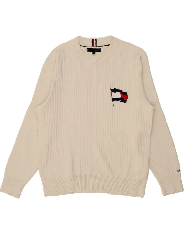 TOMMY HILFIGER Mens Graphic Crew Neck Jumper Sweater Small White Spandex Blend Rayon Blend Denim Blend