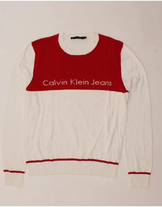 CALVIN KLEIN JEANS Mens Graphic Crew Neck Jumper Sweater Large White Stretchy Elastic Breathable