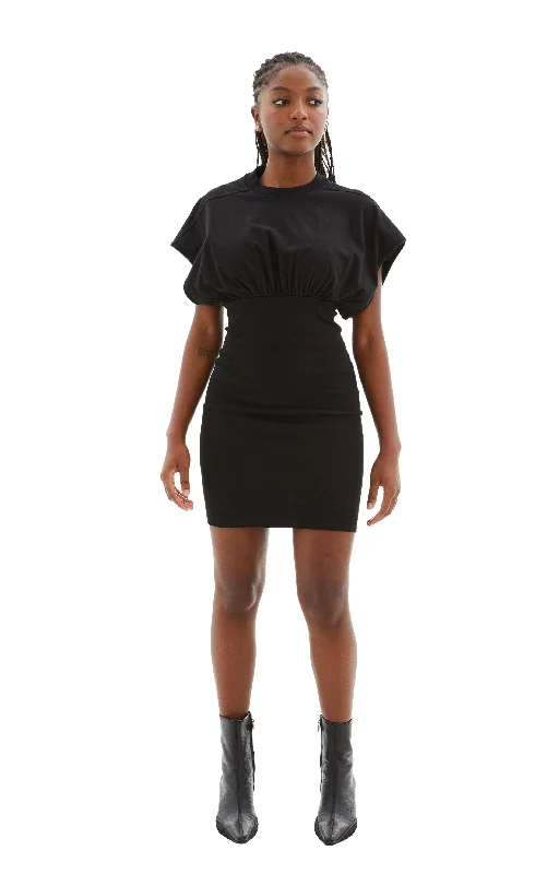 Cinched SL Tommy Mini Dress (Black) Comfortable Ruffle Mini Dress