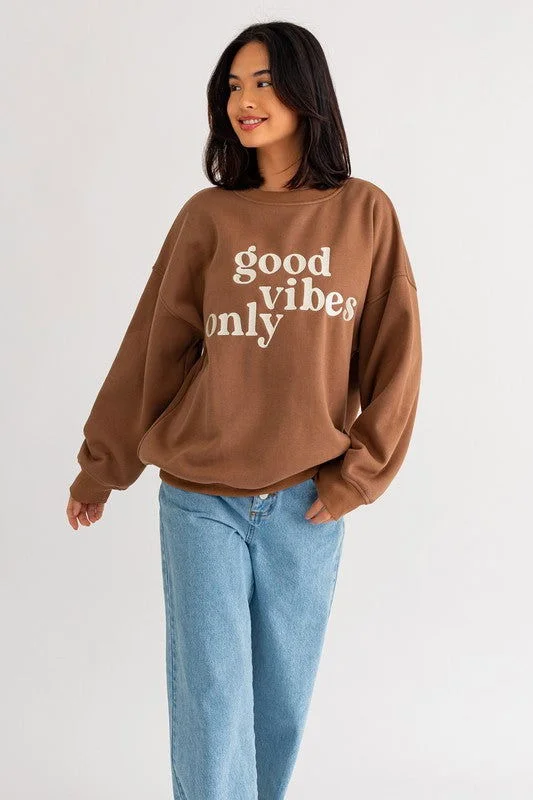 LE LIS Letter Embroidery Oversized Sweatshirt Hoodie with Hem Lace Feminine Delicate