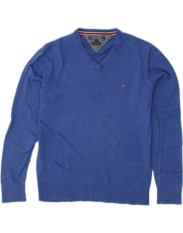 TOMMY HILFIGER Mens V-Neck Jumper Sweater Large Blue Cotton Sweater Knitwear Pullover