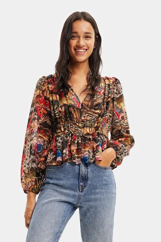 M. Christian Lacroix Tapestry Blouse in Marron Etnic 23WWBW25 by Desigual Puff Sleeve Blouse